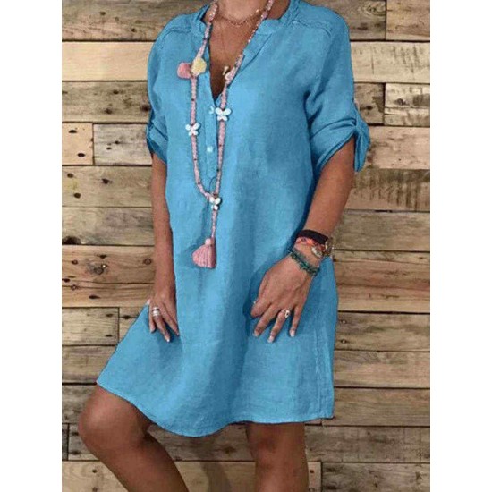 Women Casual Adjustable Sleeve V-neck Loose Dress