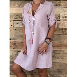 Women Casual Adjustable Sleeve V-neck Loose Dress