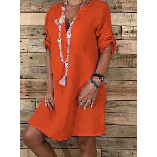 Women Casual Adjustable Sleeve V-neck Loose Dress