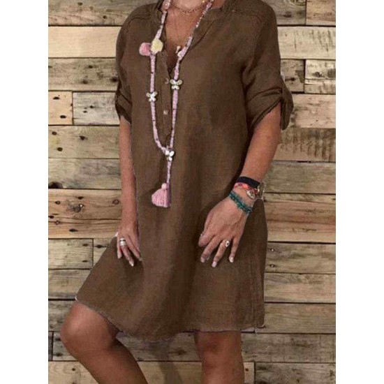 Women Casual Adjustable Sleeve V-neck Loose Dress