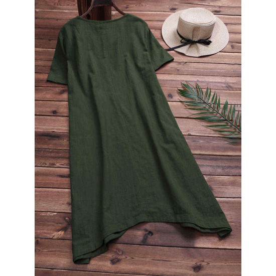 Women Casual Asymmetrical Short Sleeves Cotton Dress