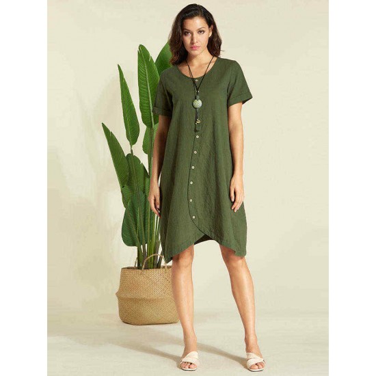 Women Casual Asymmetrical Short Sleeves Cotton Dress