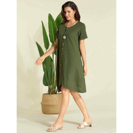 Women Casual Asymmetrical Short Sleeves Cotton Dress