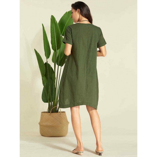 Women Casual Asymmetrical Short Sleeves Cotton Dress