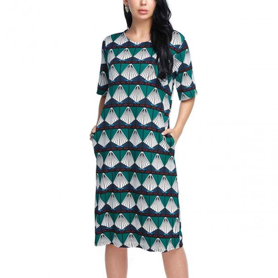 Women Casual Bohemian Loose O-neck Half Sleeve Summer Dress