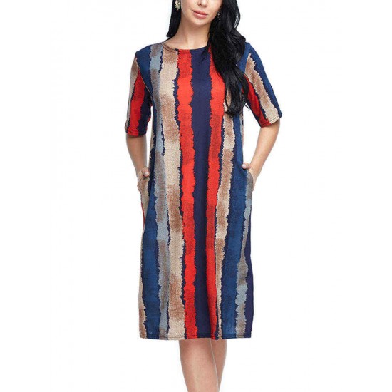 Women Casual Bohemian Loose O-neck Half Sleeve Summer Dress