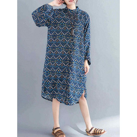 Women Casual Corduroy Crew Neck Puff Sleeve Printed Shirt Dress