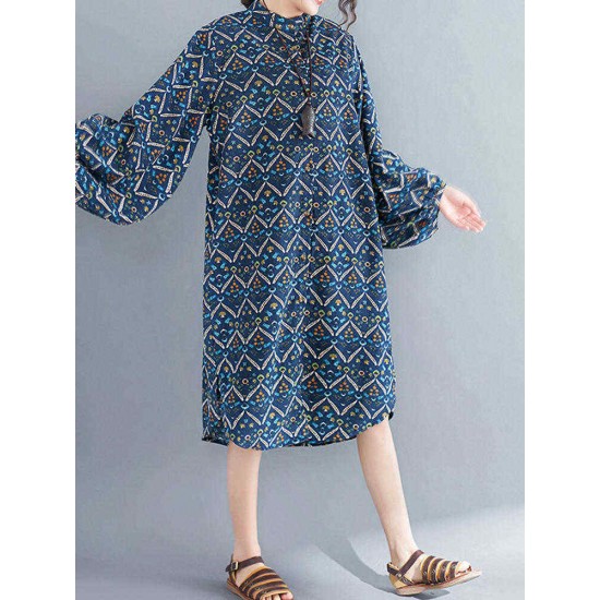 Women Casual Corduroy Crew Neck Puff Sleeve Printed Shirt Dress