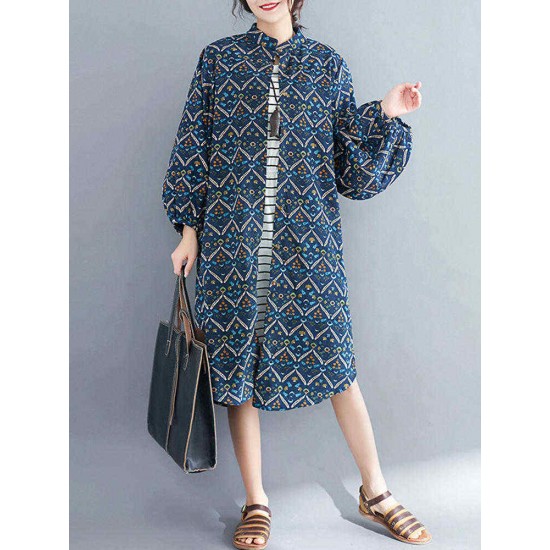 Women Casual Corduroy Crew Neck Puff Sleeve Printed Shirt Dress