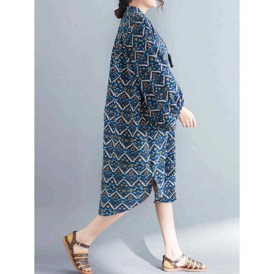 Women Casual Corduroy Crew Neck Puff Sleeve Printed Shirt Dress