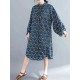 Women Casual Corduroy Crew Neck Puff Sleeve Printed Shirt Dress