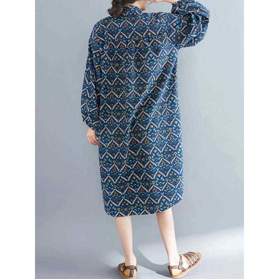 Women Casual Corduroy Crew Neck Puff Sleeve Printed Shirt Dress