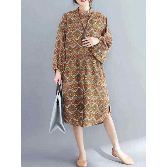 Women Casual Corduroy Crew Neck Puff Sleeve Printed Shirt Dress