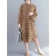 Women Casual Corduroy Crew Neck Puff Sleeve Printed Shirt Dress