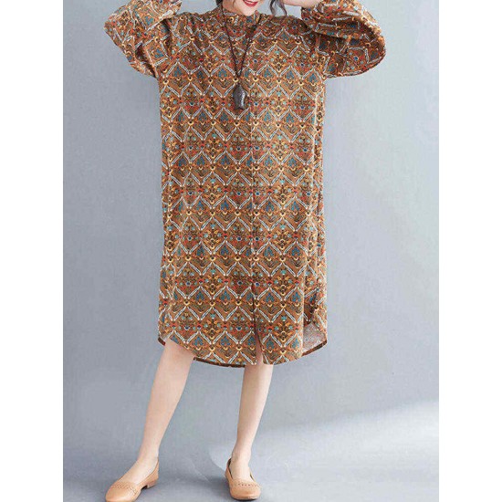 Women Casual Corduroy Crew Neck Puff Sleeve Printed Shirt Dress