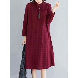 Women Casual Crew Neck Long Sleeve Pockets Plaid Dress