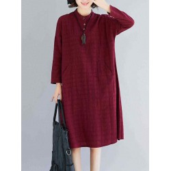 Women Casual Crew Neck Long Sleeve Pockets Plaid Dress