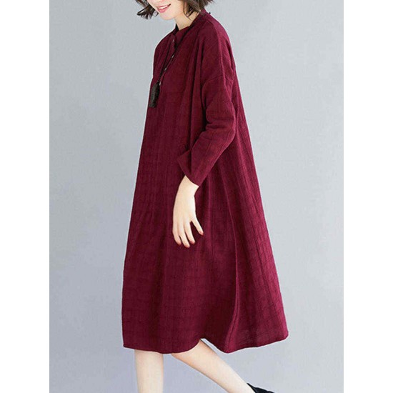 Women Casual Crew Neck Long Sleeve Pockets Plaid Dress