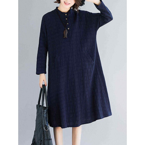 Women Casual Crew Neck Long Sleeve Pockets Plaid Dress