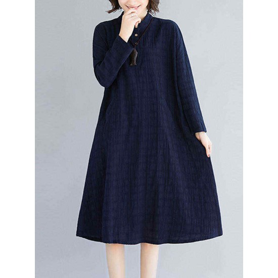 Women Casual Crew Neck Long Sleeve Pockets Plaid Dress