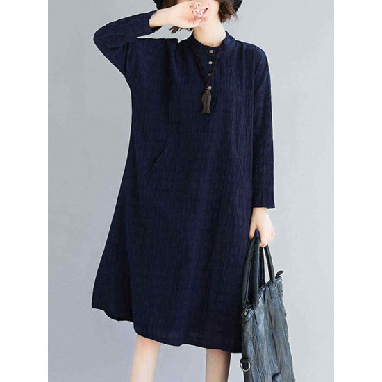 Women Casual Crew Neck Long Sleeve Pockets Plaid Dress