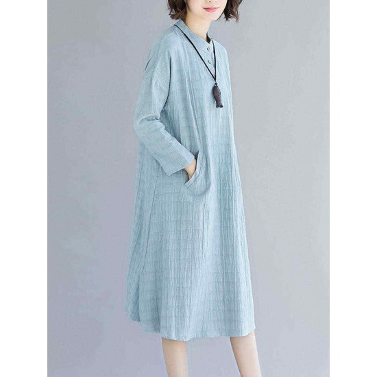 Women Casual Crew Neck Long Sleeve Pockets Plaid Dress