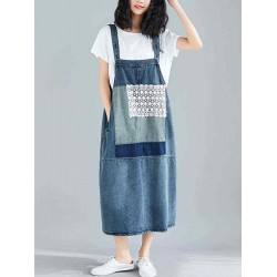 Women Casual Lace Patchwork Straps Denim Dress with Pockets