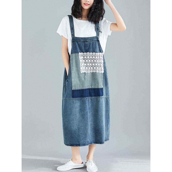 Women Casual Lace Patchwork Straps Denim Dress with Pockets