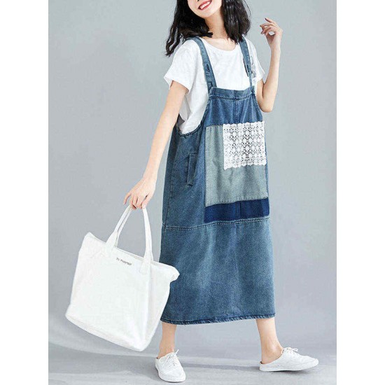 Women Casual Lace Patchwork Straps Denim Dress with Pockets