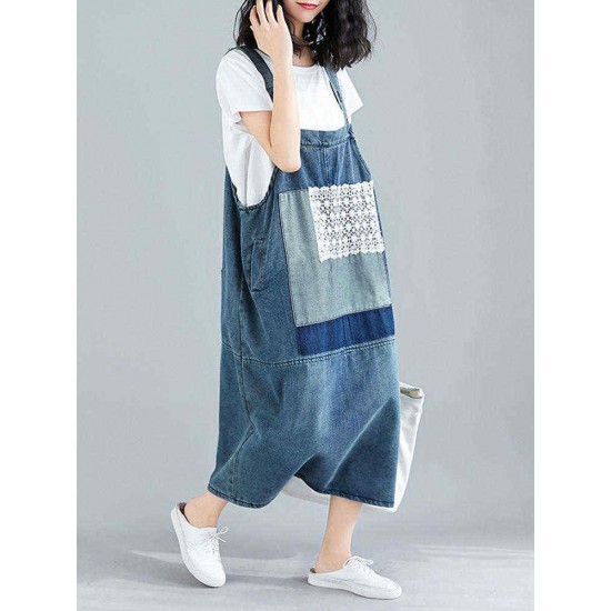 Women Casual Lace Patchwork Straps Denim Dress with Pockets