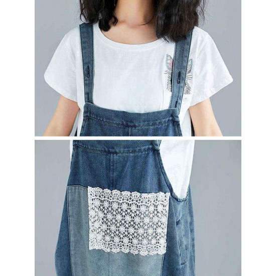 Women Casual Lace Patchwork Straps Denim Dress with Pockets