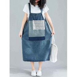 Women Casual Lace Patchwork Straps Denim Dress with Pockets