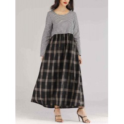 Women Casual Long Sleeve Plaid Patchwork Long Dress