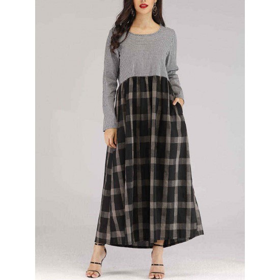 Women Casual Long Sleeve Plaid Patchwork Long Dress