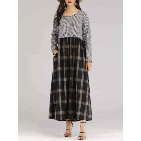 Women Casual Long Sleeve Plaid Patchwork Long Dress