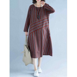 Women Casual Long Sleeve Striped Patchwork Pockets Dress