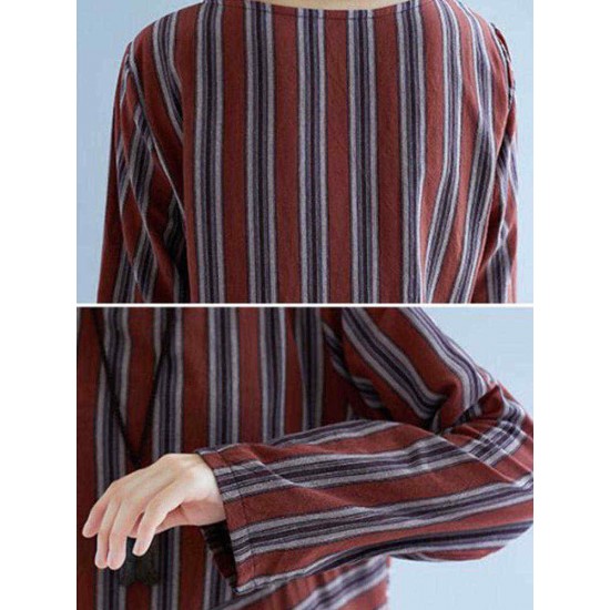 Women Casual Long Sleeve Striped Patchwork Pockets Dress