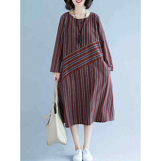 Women Casual Long Sleeve Striped Patchwork Pockets Dress