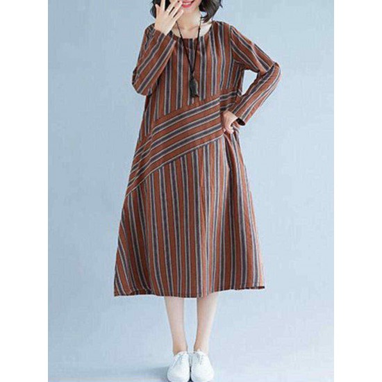 Women Casual Long Sleeve Striped Patchwork Pockets Dress