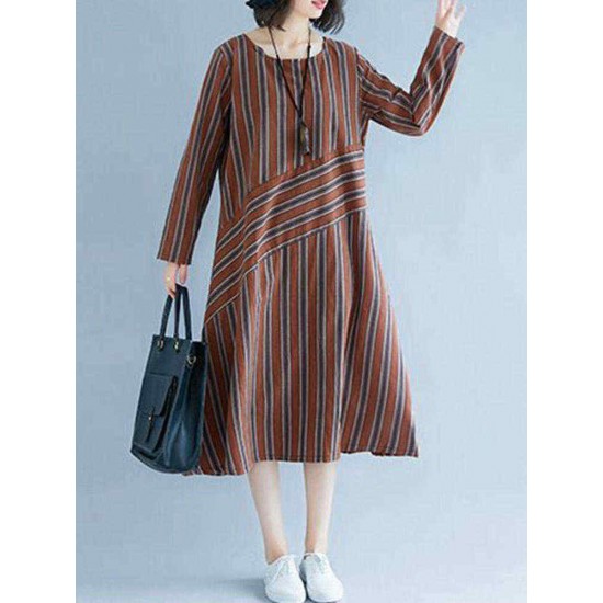 Women Casual Long Sleeve Striped Patchwork Pockets Dress