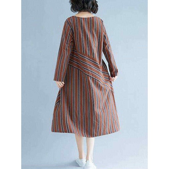 Women Casual Long Sleeve Striped Patchwork Pockets Dress