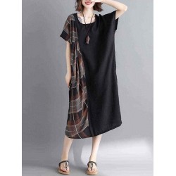 Women Casual Loose Plaid Patchwork Short Sleeves Dress