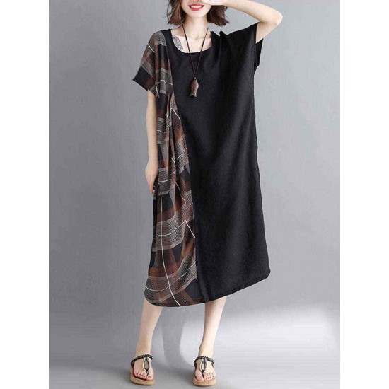 Women Casual Loose Plaid Patchwork Short Sleeves Dress