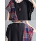 Women Casual Loose Plaid Patchwork Short Sleeves Dress