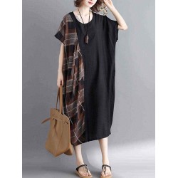 Women Casual Loose Plaid Patchwork Short Sleeves Dress