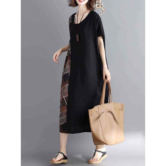 Women Casual Loose Plaid Patchwork Short Sleeves Dress