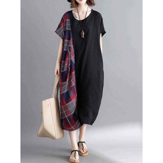 Women Casual Loose Plaid Patchwork Short Sleeves Dress