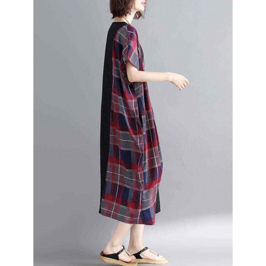 Women Casual Loose Plaid Patchwork Short Sleeves Dress