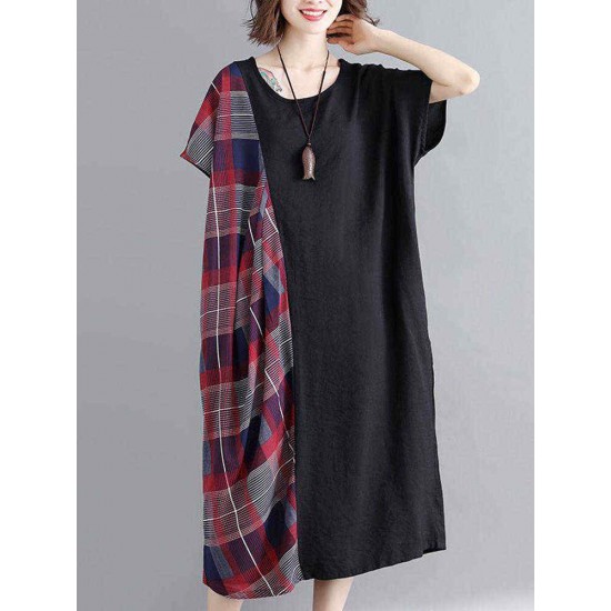 Women Casual Loose Plaid Patchwork Short Sleeves Dress