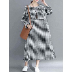 Women Casual Loose Plaid Round Neck Long Sleeve Dress